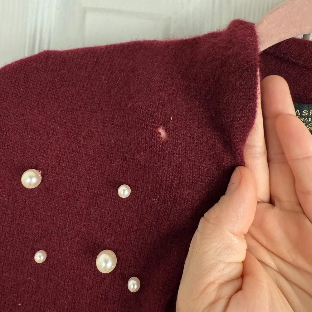 Charter Club Luxury Cashmere‎ Pearl Embellished Cardigan Burgundy XS Duster